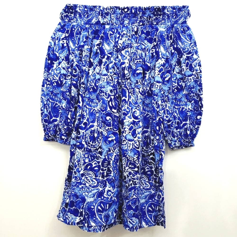Nwot Lauren Ralph Lauren Royal Blue/White Floral Off Shoulder Boho Shift Dress